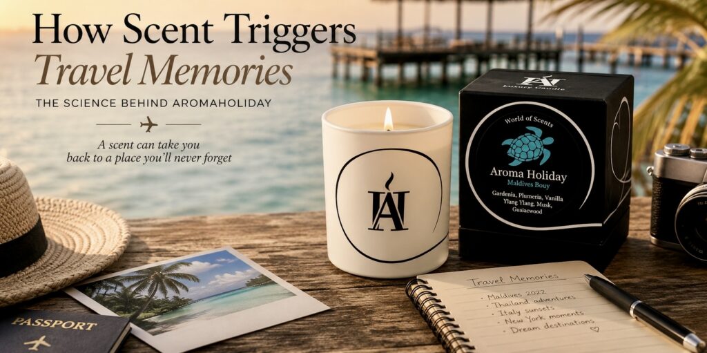 How scent triggers travel memories, AromaHoliday Maldives luxury scented candle and gift box, travel-inspired home fragrance gift, tropical fragrance inspired by world travel, handmade in Yorkshire UK