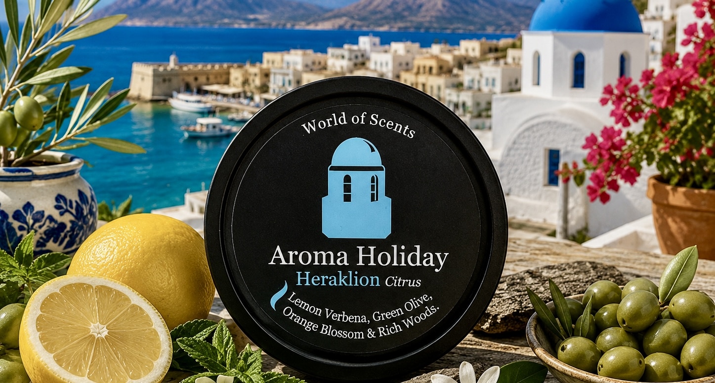 Heraklion Crete Greece luxury travel home fragrance gifts, soy candles, Reed diffusers, wax melts, travel themed made by AromaHoliday UK