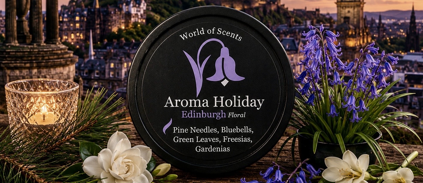 Edinburgh Scotland luxury travel home fragrance gifts, soy candles, Reed diffusers, wax melts, travel themed made by AromaHoliday UK