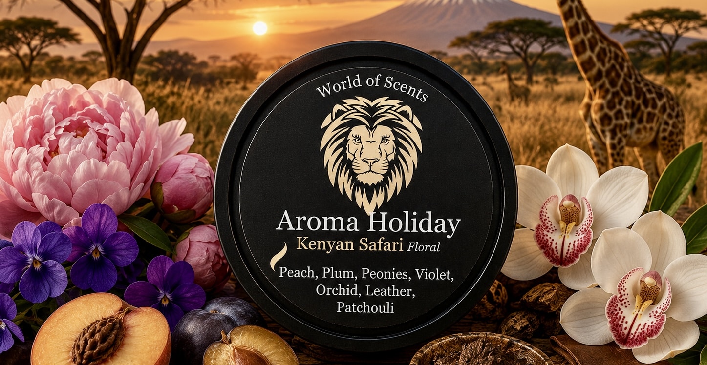 Kenyan Safari luxury travel home fragrance gifts, soy candles, Reed diffusers, wax melts, travel themed made by AromaHoliday UK