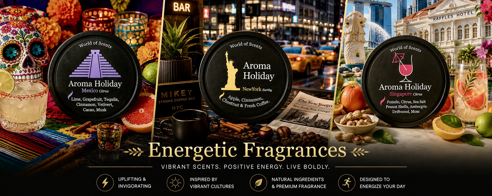 Energetic Fragrances banner featuring AromaHoliday Mexico Citrus, NewYork Earthy and Singapore Citrus scented candles inspired by vibrant world cities, with citrus fruits, cocktails, coffee notes and luxury travel-inspired home fragrance scenes.