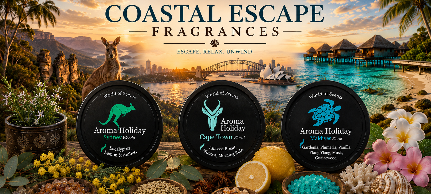 Coastal escape fragrances from around the world by AromaHoliday Yorkshire UK, soy candles, Reed diffusers, wax melts, wash and lotions