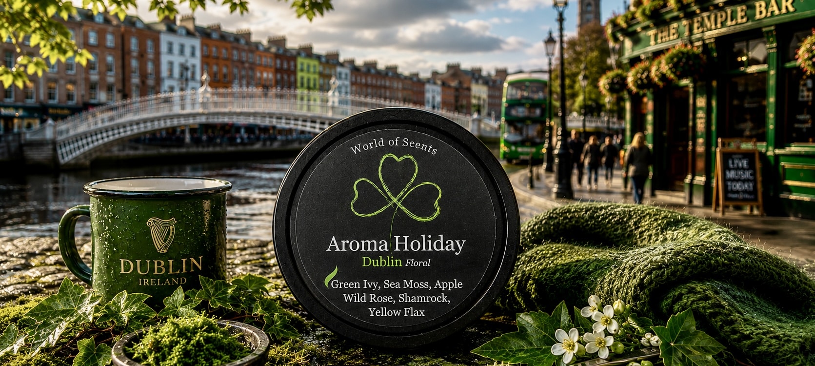 Dublin Ireland luxury travel home fragrance gifts, soy candles, Reed diffusers, wax melts, travel themed made by AromaHoliday UK