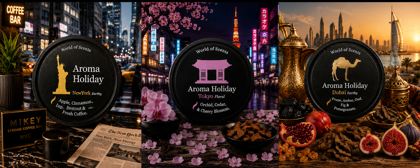 City energy fragrances from AromaHoliday, handmade travel inspired gifts based on memories and moods. Luxury soy candles, Reed diffusers, wax melts