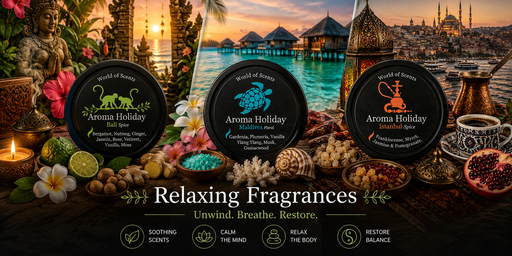 Relaxing fragrance candle collection inspired by Bali, Maldives and Istanbul. Luxury AromaHoliday scented candles featuring tropical florals, exotic spices, lemongrass, ginger, jasmine, frankincense and coastal spa aromas in calming destination-inspired settings. Handmade home fragrance gifts designed in Yorkshire UK.