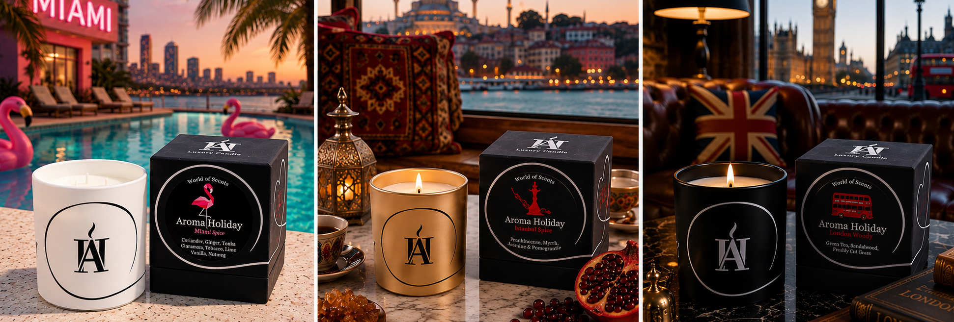 Luxury glass scented soy candles inspired by world holidays, by AromaHoliday Yorkshire uk