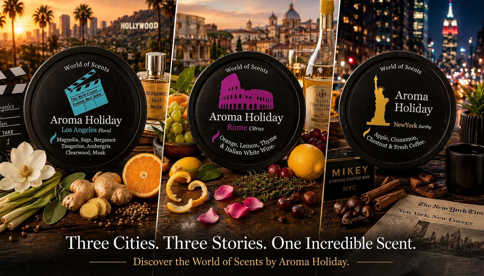 Luxury City Energy fragrance banner featuring AromaHoliday Los Angeles, Rome and New York travel-inspired candles with vibrant citrus, floral and coffee-inspired scents against stylish urban backdrops.