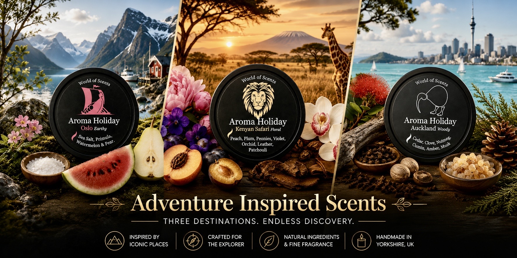 Adventure inspired fragrance candles featuring Oslo, Kenyan Safari and Auckland destination scents by AromaHoliday. Luxury travel-inspired home fragrances with sea salt, florals, cedarwood, clove, amber and exotic botanical notes set against dramatic fjords, safari sunsets and coastal landscapes. Handmade scented candles crafted in Yorkshire UK.