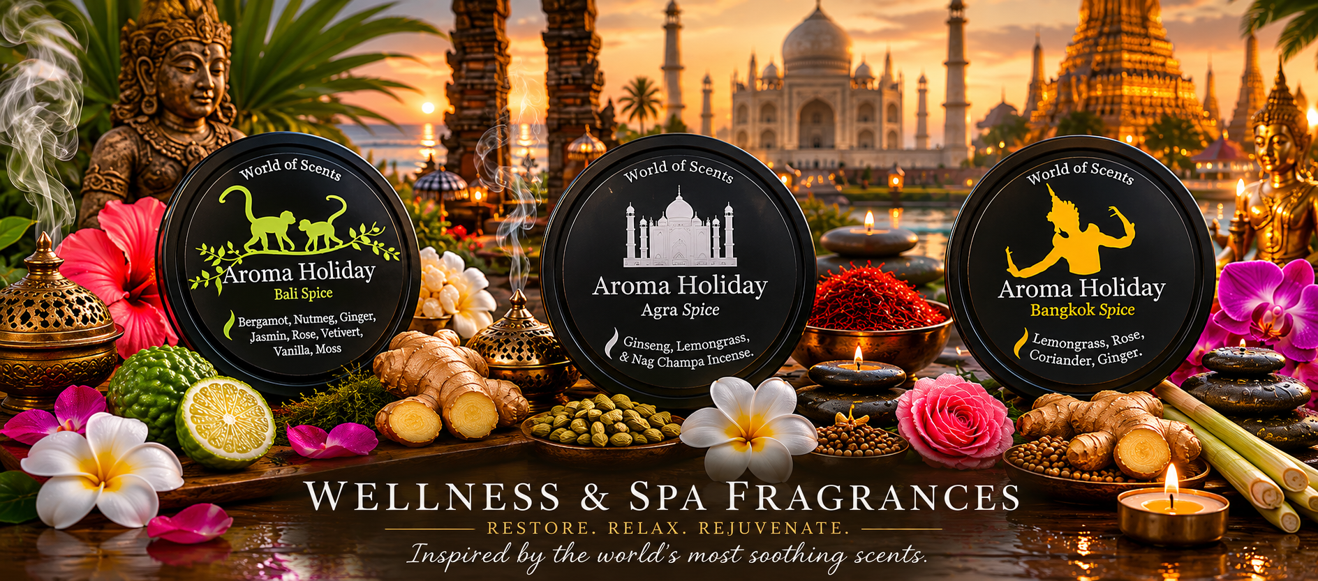 Luxury wellness and spa fragrance candles inspired by Bali, Agra and Bangkok. Travel-inspired AromaHoliday home fragrance collection featuring lemongrass, ginger, rose, coriander, bergamot, jasmine and exotic spices in relaxing tropical spa settings. Handmade luxury scented candles designed in Yorkshire UK.