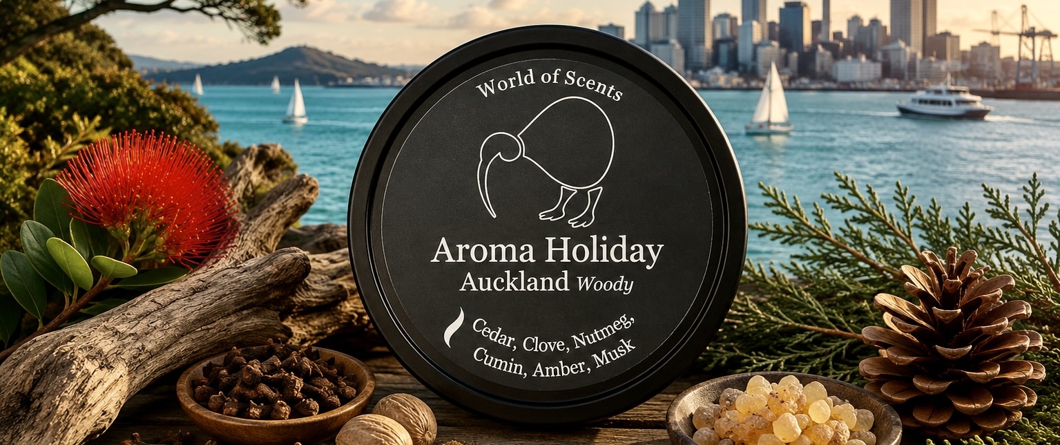 Aucklnd New Zealand luxury woody fresh home fragrance gifts, soy candles, Reed diffusers, wax melts, travel themed made by AromaHoliday UK