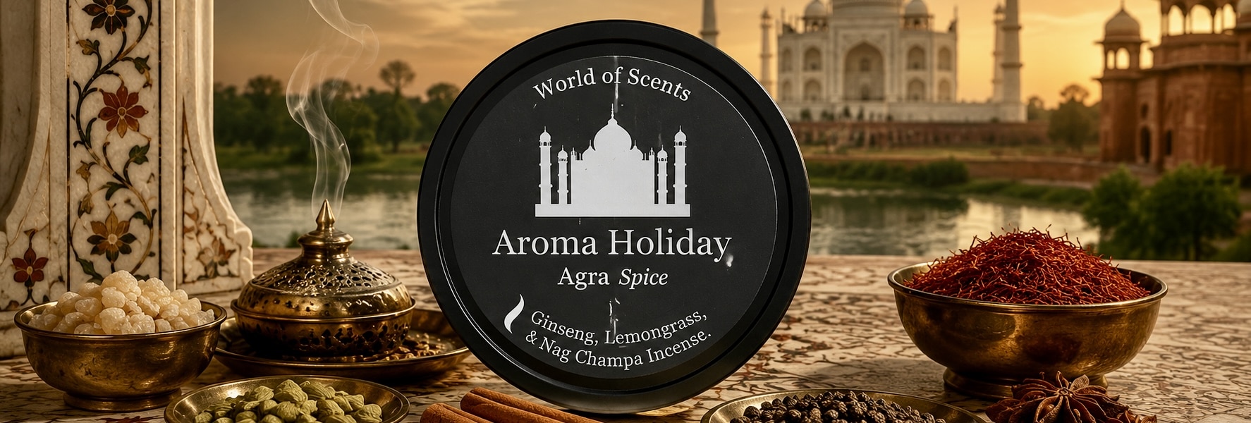 Agra India luxury home fragrance gifts, soy candles, Reed diffusers, wax melts, travel themed made by AromaHoliday UK
