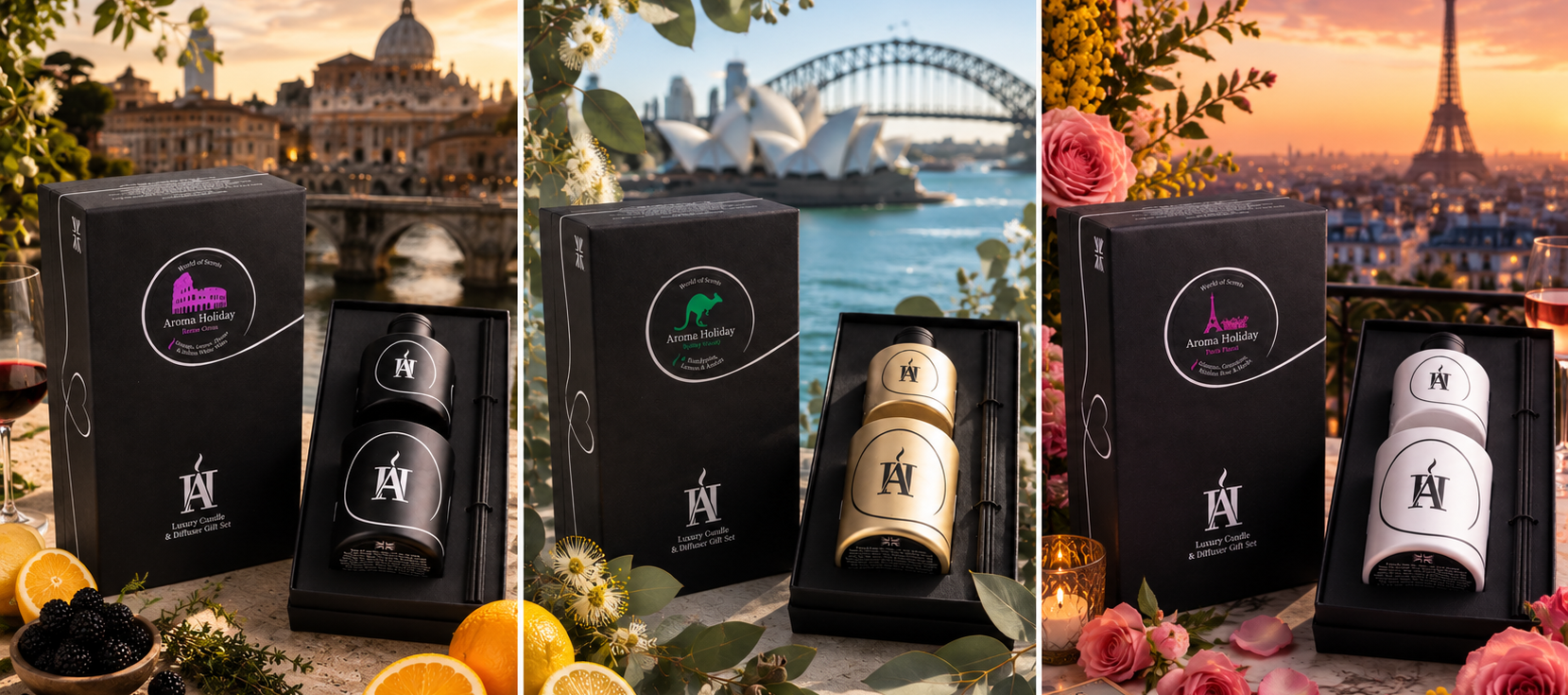 Luxury scented candle and Reed diffusers in stylish gift boxes based on beautiful world destinations, designed by AromaHoliday Yorkshire UK.