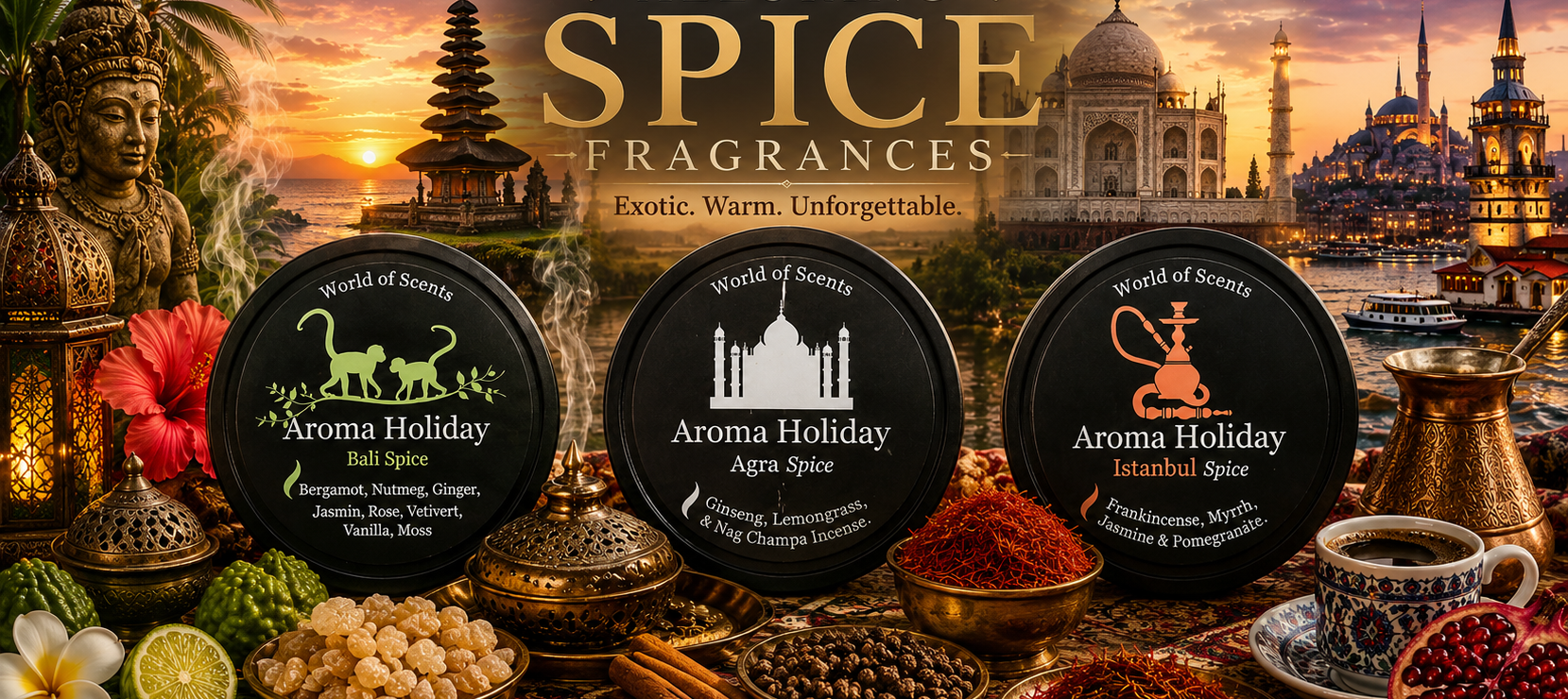 Alluring warm spice fragrances, luxury world aromas by AromaHoliday Yorkshire UK. Candles, Diffusers, Wax Melts, Skin Care