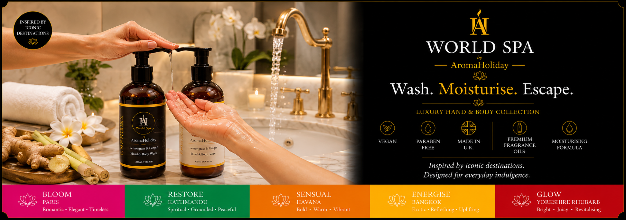 AromaHoliday World Spa luxury hand wash and lotion collection featuring Bloom, Restore, Sensual, Energise and Glow.
