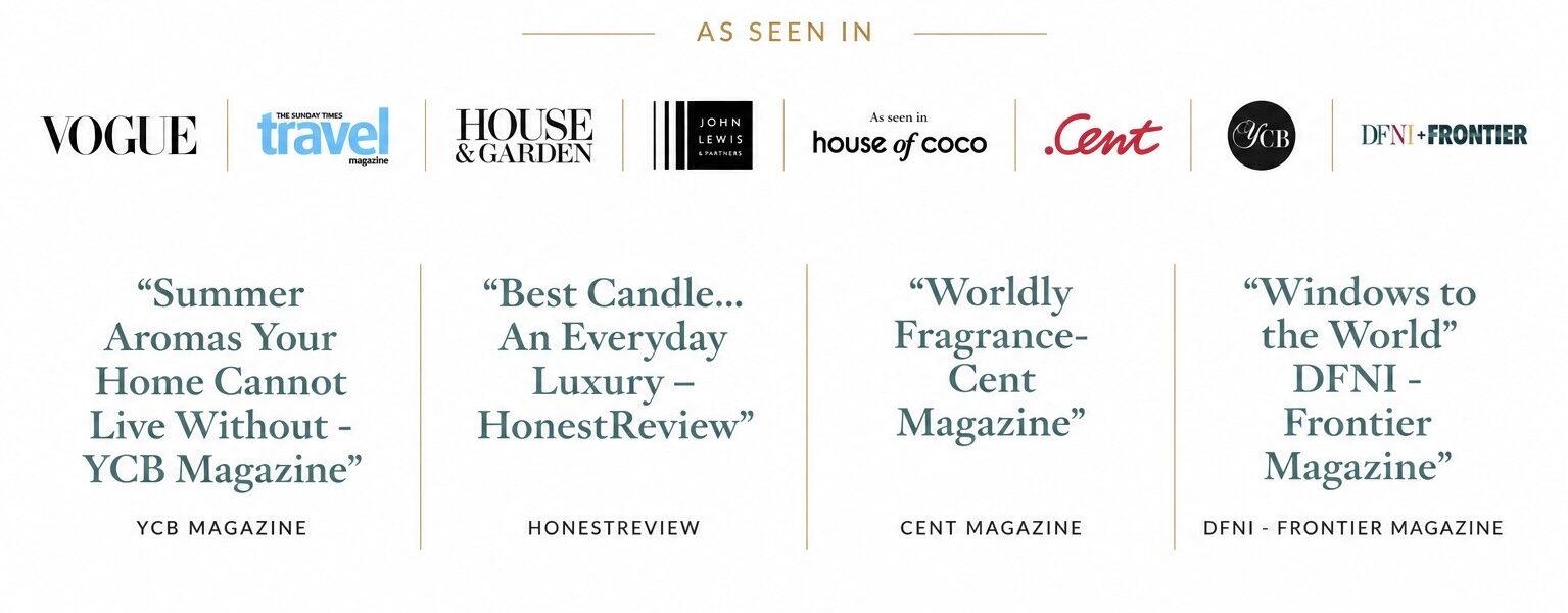As seen in press logos for AromaHoliday luxury home fragrance and travel-inspired candle gifts.