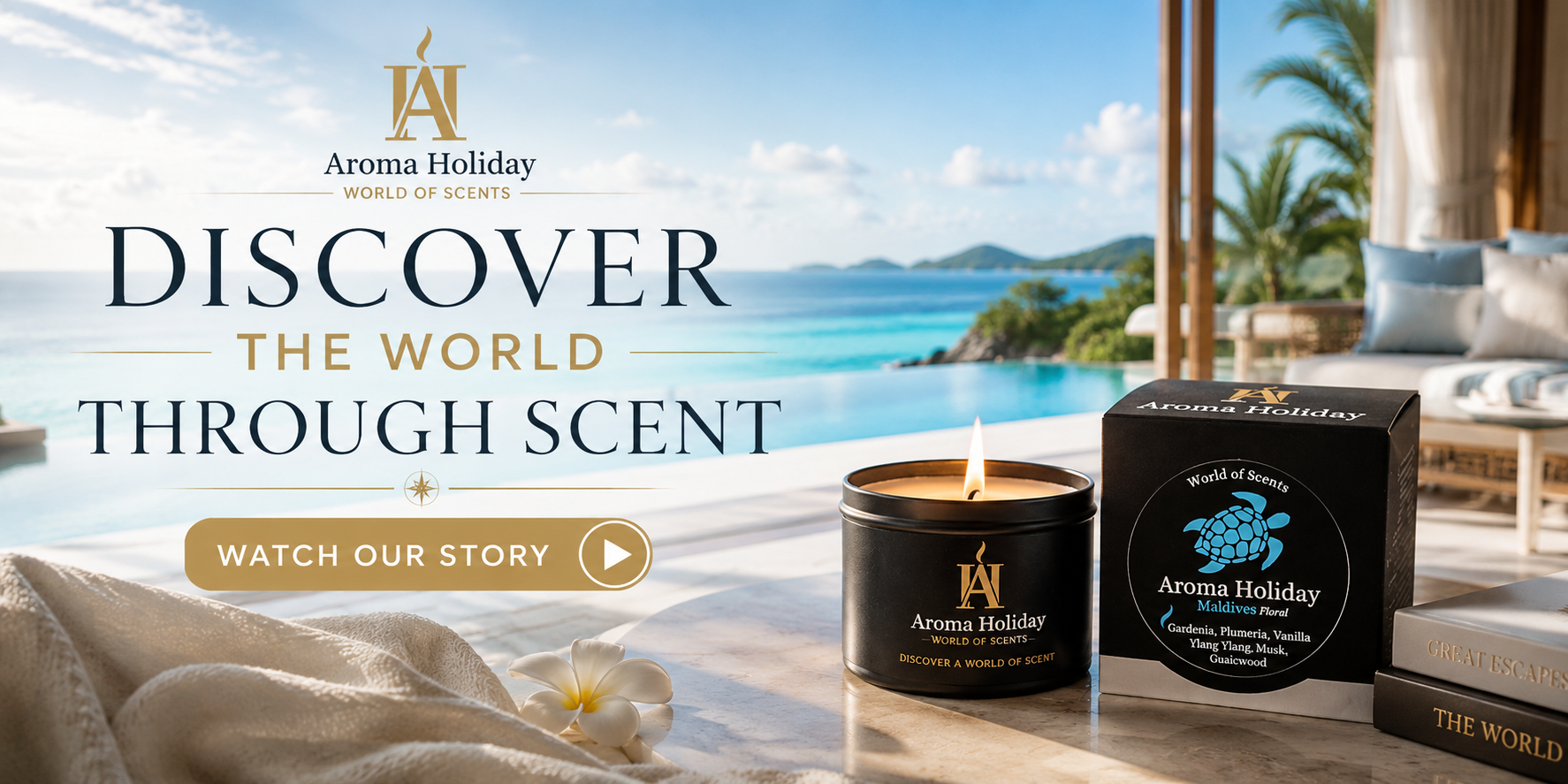 Travel-inspired home fragrance video – discover the world through scent with AromaHoliday luxury candles.
