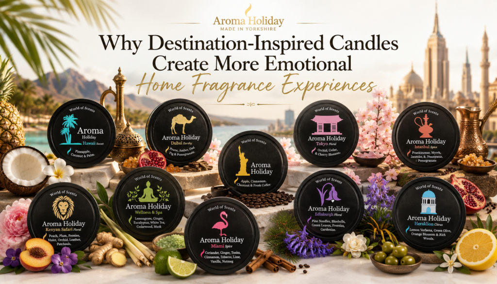 Selection of AromaHoliday destination-inspired candles including Maldives, Rome, New York, Singapore and Cape Town, showcasing travel-inspired home fragrance designed to evoke memories and emotions.