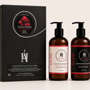 Luxury GLOW hand wash and lotion gift set by AromaHoliday with Yorkshire Rhubarb, Black Plum and Pear presented in a premium black gift box.
