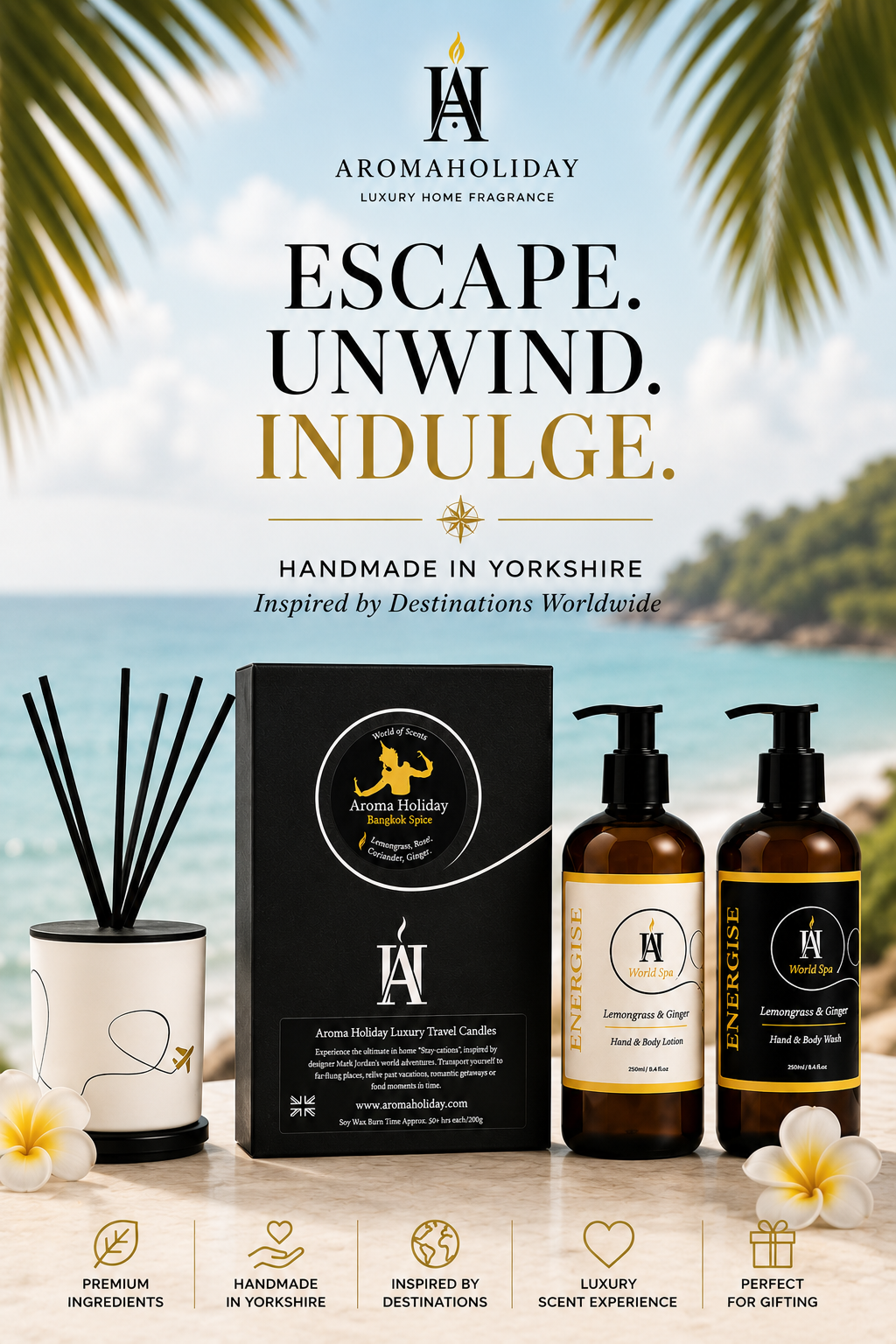 AromaHoliday luxury home fragrance inspired by tropical travel, handmade in Yorkshire.