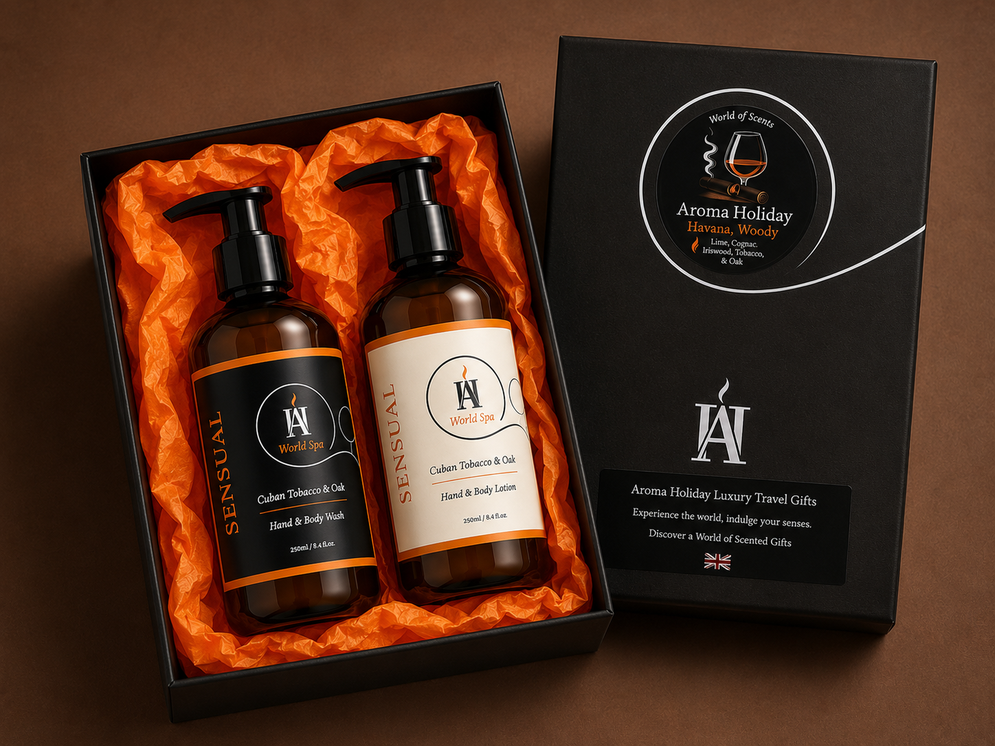 AromaHoliday World Spa Sensual luxury gift set showcasing Cuban Tobacco & Oak hand wash and body lotion in a black presentation box with vibrant orange tissue paper.