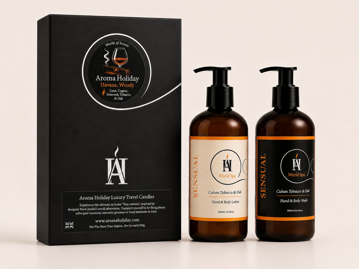 Luxury SENSUAL hand wash and lotion gift set by AromaHoliday with Cuban Tobacco and Oak in a luxury black presentation box.