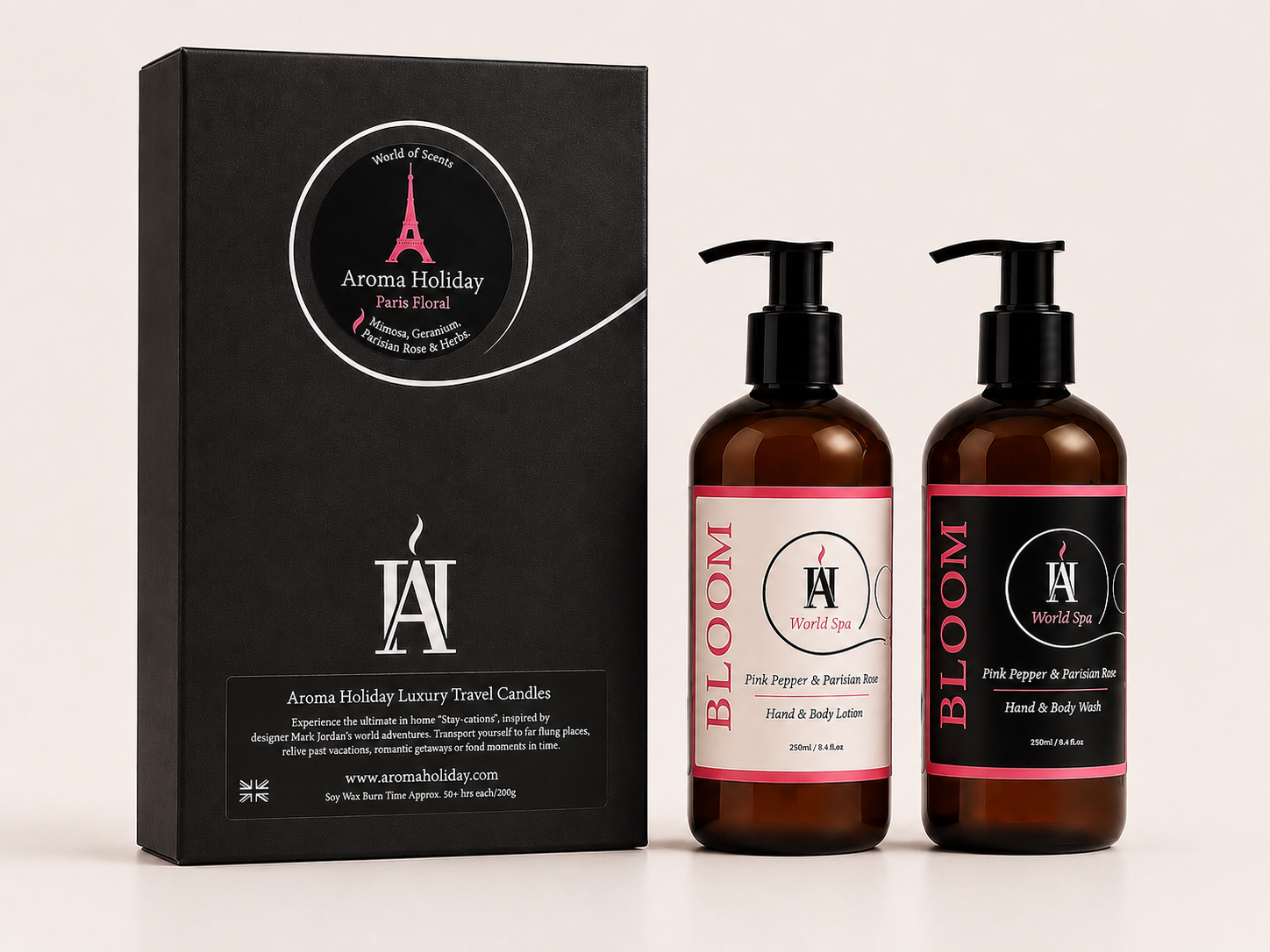 Luxury BLOOM hand wash and lotion gift set by AromaHoliday featuring Pink Pepper & Parisian Rose in an elegant black gift box.