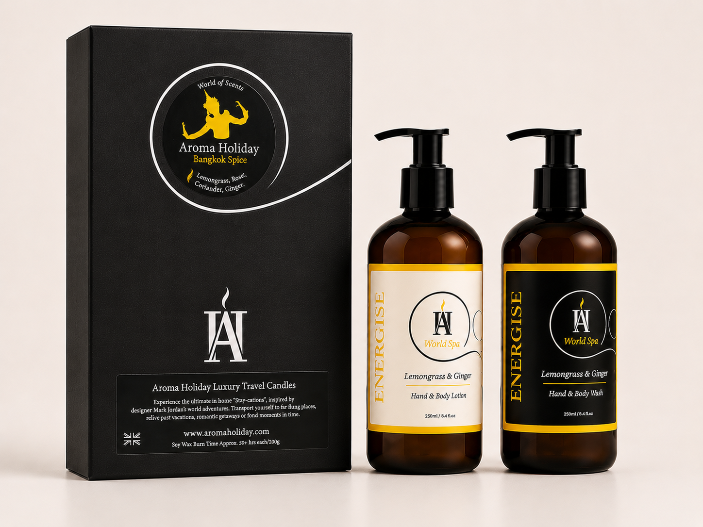 Luxury ENERGISE hand wash and lotion gift set by AromaHoliday featuring Lemongrass and Ginger in a premium black gift box.