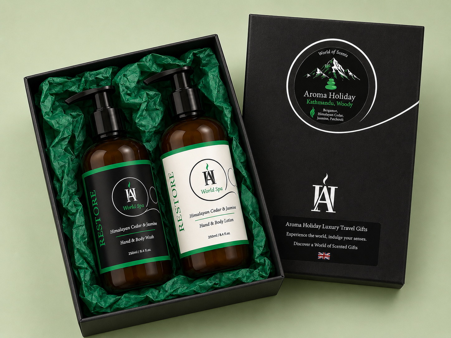 Himalayan Cedar & Jasmine spa-inspired gift set presented in an elegant AromaHoliday World Spa gift box with fresh green tissue paper.