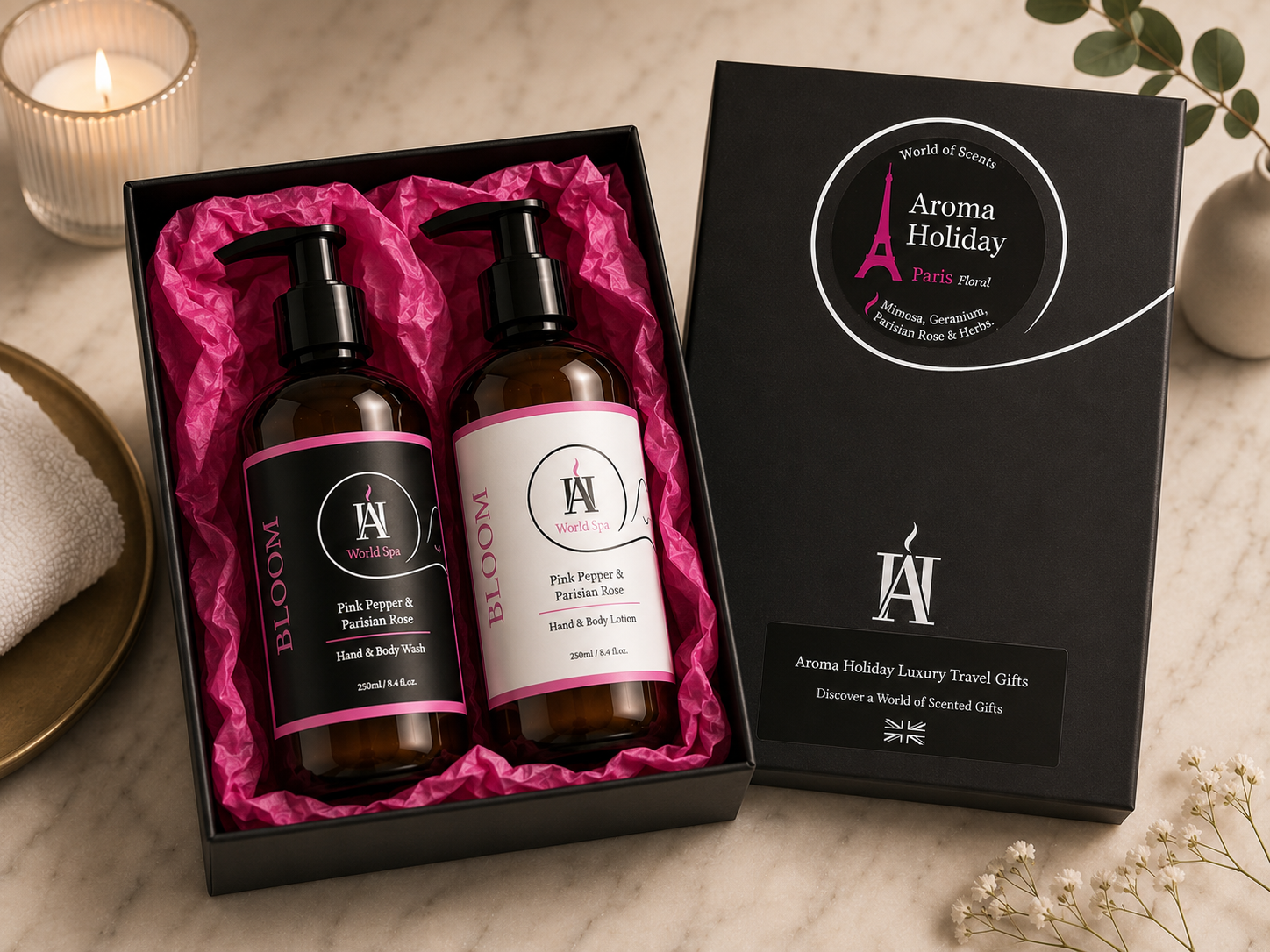 AromaHoliday World Spa Bloom luxury gift set with Pink Pepper & Rose hand wash and body lotion displayed in an elegant black gift box with vibrant pink tissue paper.