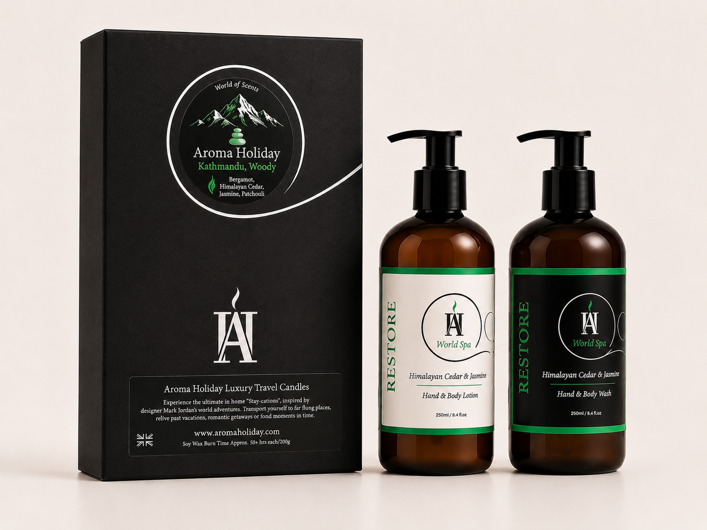 Luxury RESTORE hand wash and lotion gift set by AromaHoliday with Himalayan Cedar and Jasmine in a premium black gift box.