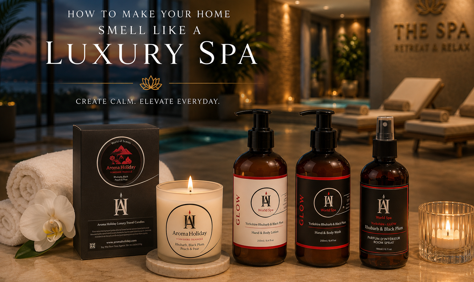 Luxury spa inspired home fragrance by AromaHoliday featuring Yorkshire Glow candle, World Spa hand wash and lotion, room spray and gift box in a five-star hotel spa setting to inspire a relaxing home sanctuary.