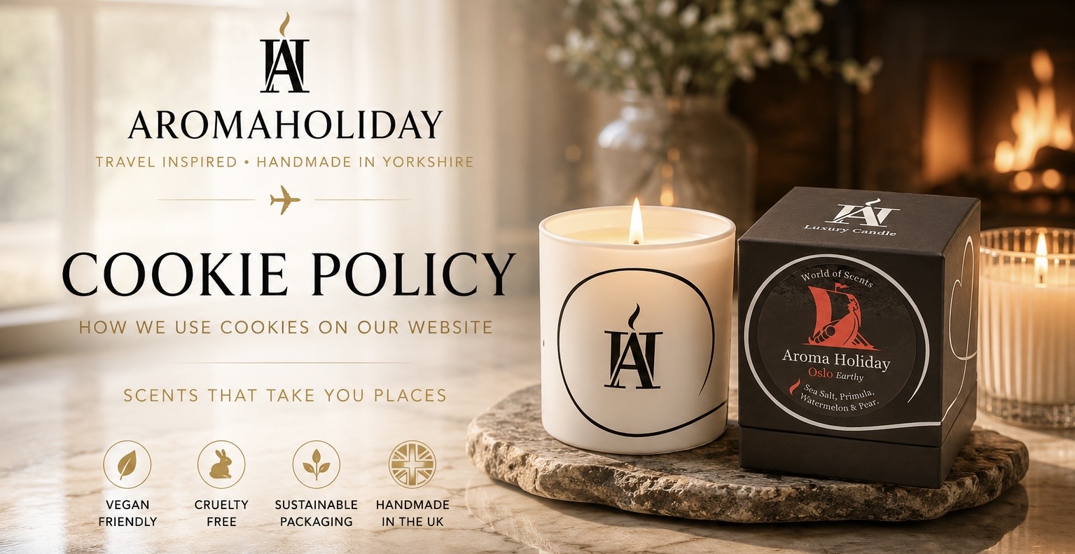 Luxury AromaHoliday Cookie Policy banner featuring the Oslo Earthy travel-inspired candle and gift box displayed in an elegant home setting with warm candlelight. The banner highlights AromaHoliday’s Cookie Policy while showcasing vegan, handmade UK home fragrance products.