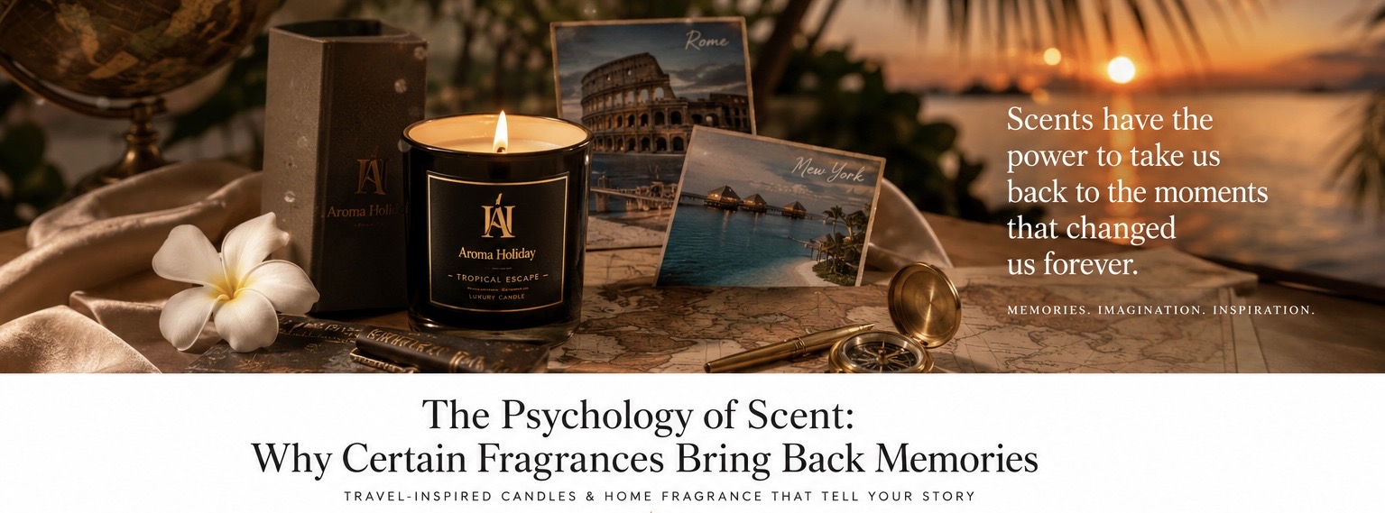 The Psychology of Scent – luxury travel-inspired AromaHoliday candle with destination memories from Rome, New York and the Maldives, showing how fragrance brings back treasured travel memories.