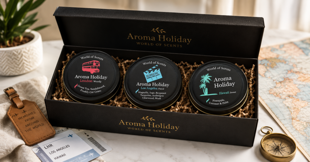 Luxury AromaHoliday gift box containing three travel inspired destination candles.
