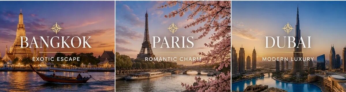 Travel-inspired luxury home fragrance destinations including, Bangkok, Paris and Dubai by AromaHoliday.