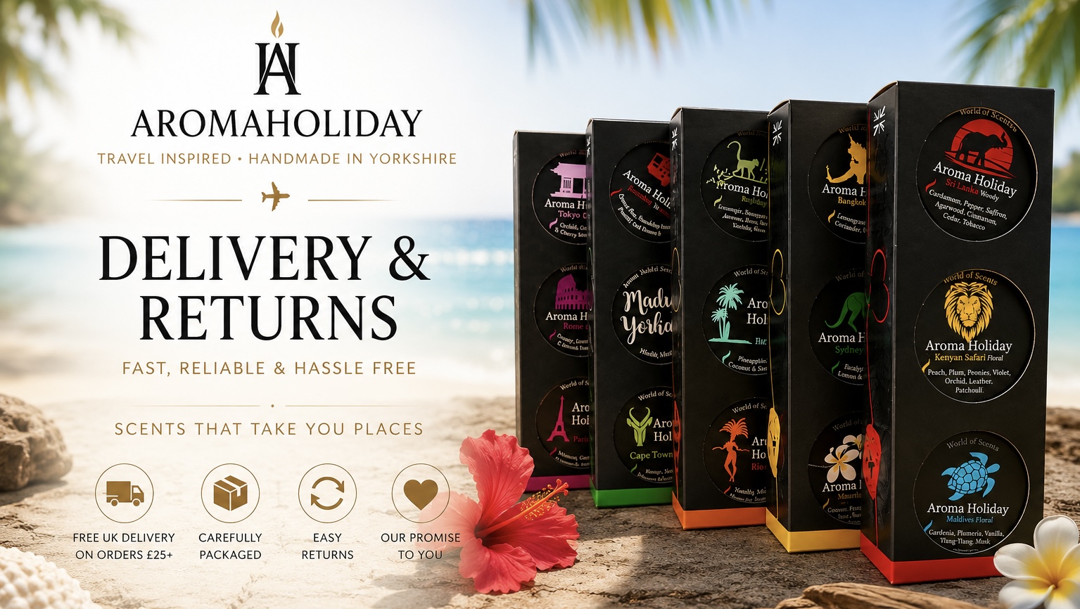 AromaHoliday Delivery & Returns banner featuring bestselling luxury travel candle gift sets inspired by destinations around the world, handmade in Yorkshire with premium gift packaging and free UK delivery on orders over £25.