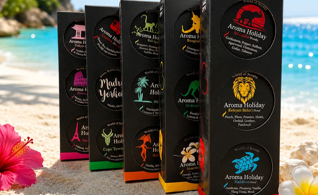 Create Your Own AromaHoliday travel-inspired candle gift box.