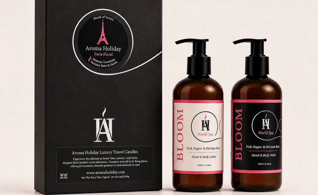 Luxury BLOOM hand wash and lotion gift set by AromaHoliday featuring Pink Pepper and Parisian Rose in an elegant black gift box.
