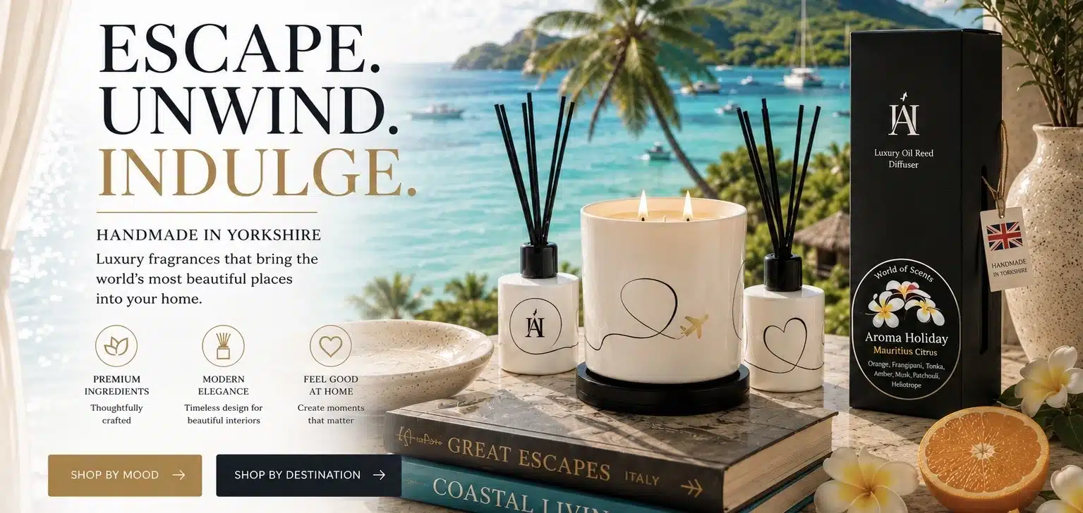 AromaHoliday luxury home fragrance inspired by tropical travel, handmade in Yorkshire.