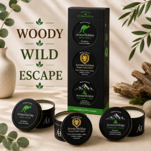 AromaHoliday Go Green 3 candle gift set with Sydney, Kenyan Safari and Kathmandu travel-inspired soy candles