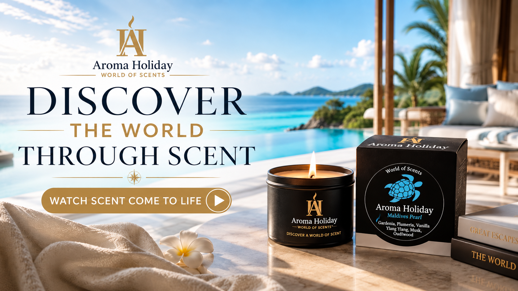 Travel-inspired home fragrance video – discover the world through scent with AromaHoliday luxury candles.