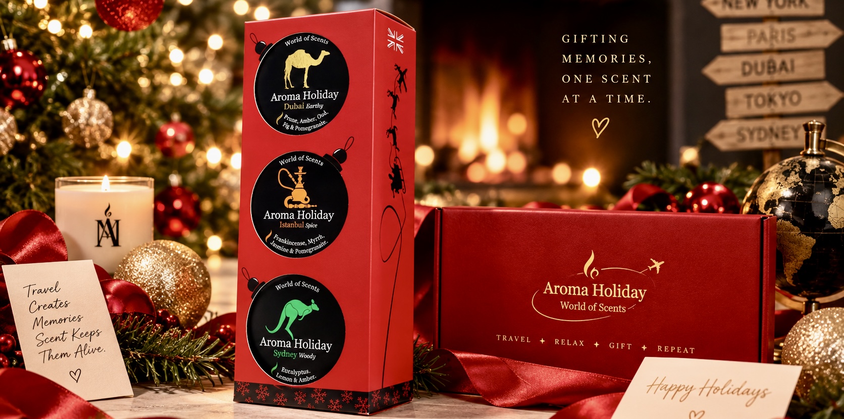 AromaHoliday Christmas travel candle gift set with Dubai, Istanbul and Sydney destination candles in festive red gift packaging.
