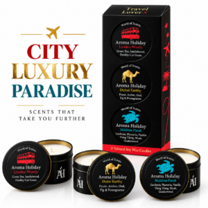 AromaHoliday Travel Lover gift set with London, Dubai and Maldives travel-inspired soy candles