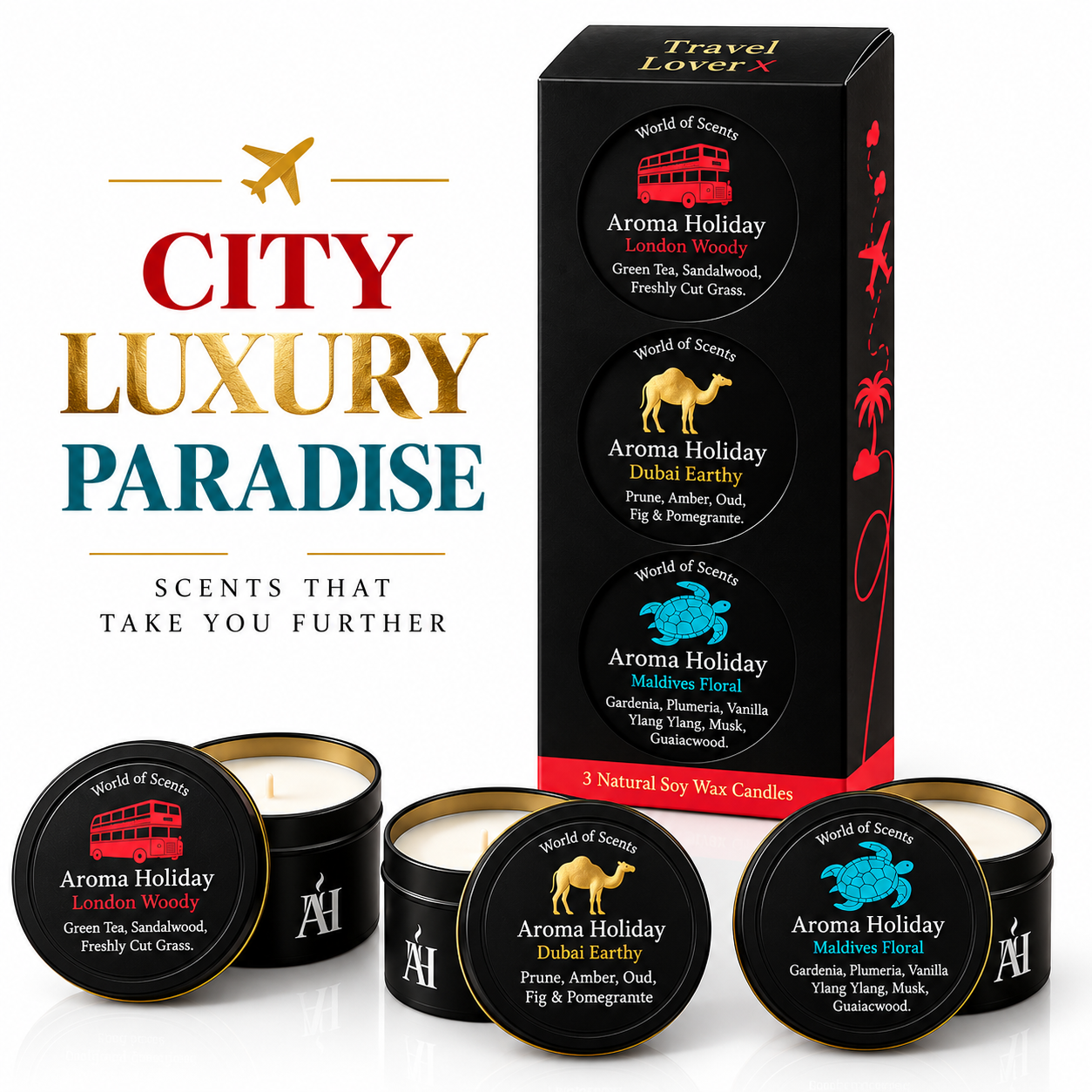 Travel Lover London Dubai Maldives candle gift set