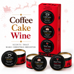 AromaHoliday Happy Holidays Christmas 3 candle gift set with Coffee, Cake and Wine soy candles