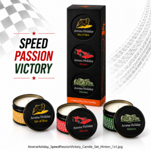 AromaHoliday Motorsport 3 candle gift set with Monaco, Isle of Man and Monza travel-inspired soy candles