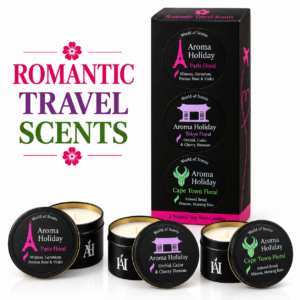 AromaHoliday Bloomin’ Travel 3 candle gift set with Cape Town, Tokyo and Paris travel-inspired soy candles