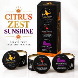 AromaHoliday Travels The Zest 3 candle gift set with Rome, Singapore and Bangkok travel-inspired soy candles