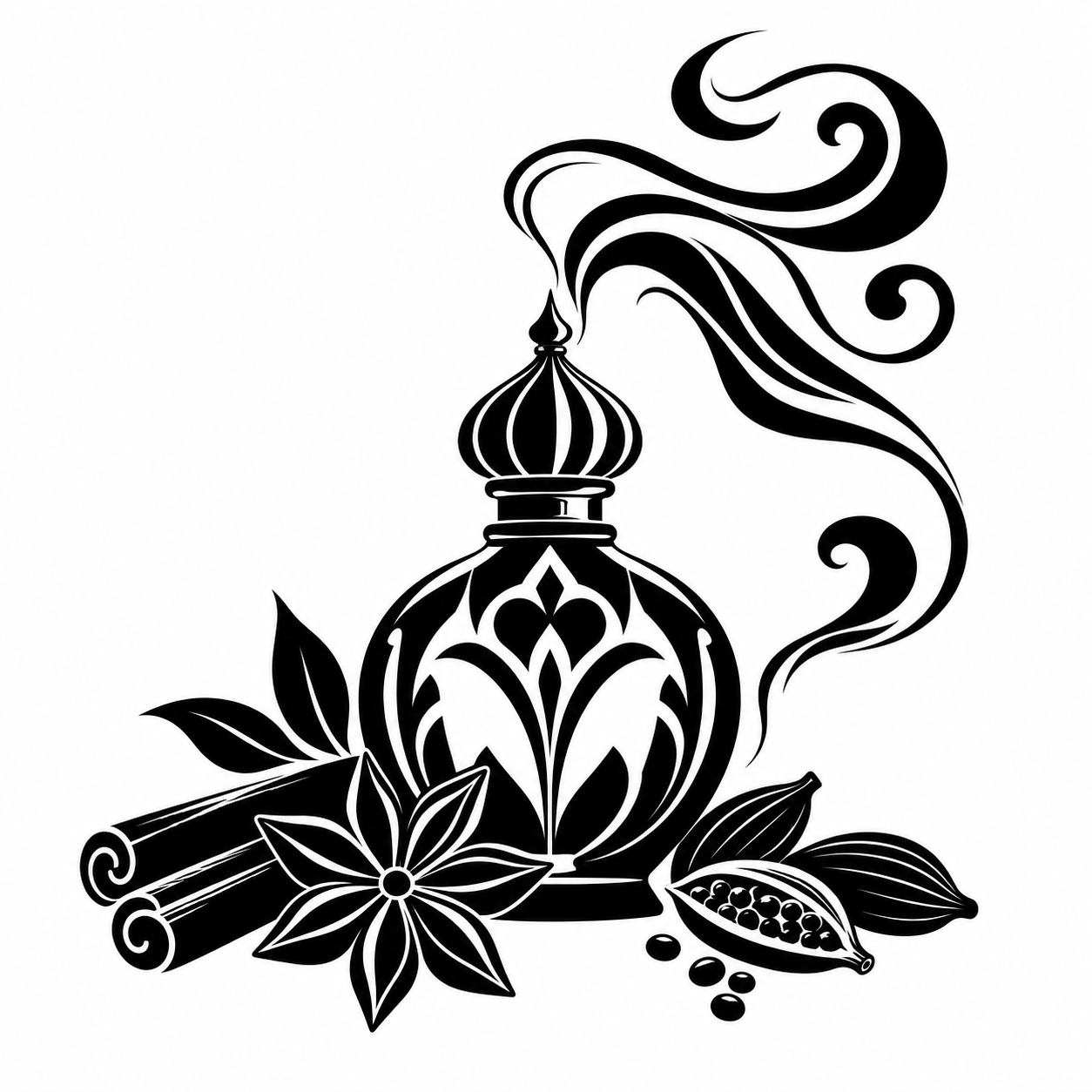 Alluring spice fragrances silhouette featuring an ornate perfume bottle and aromatic spices