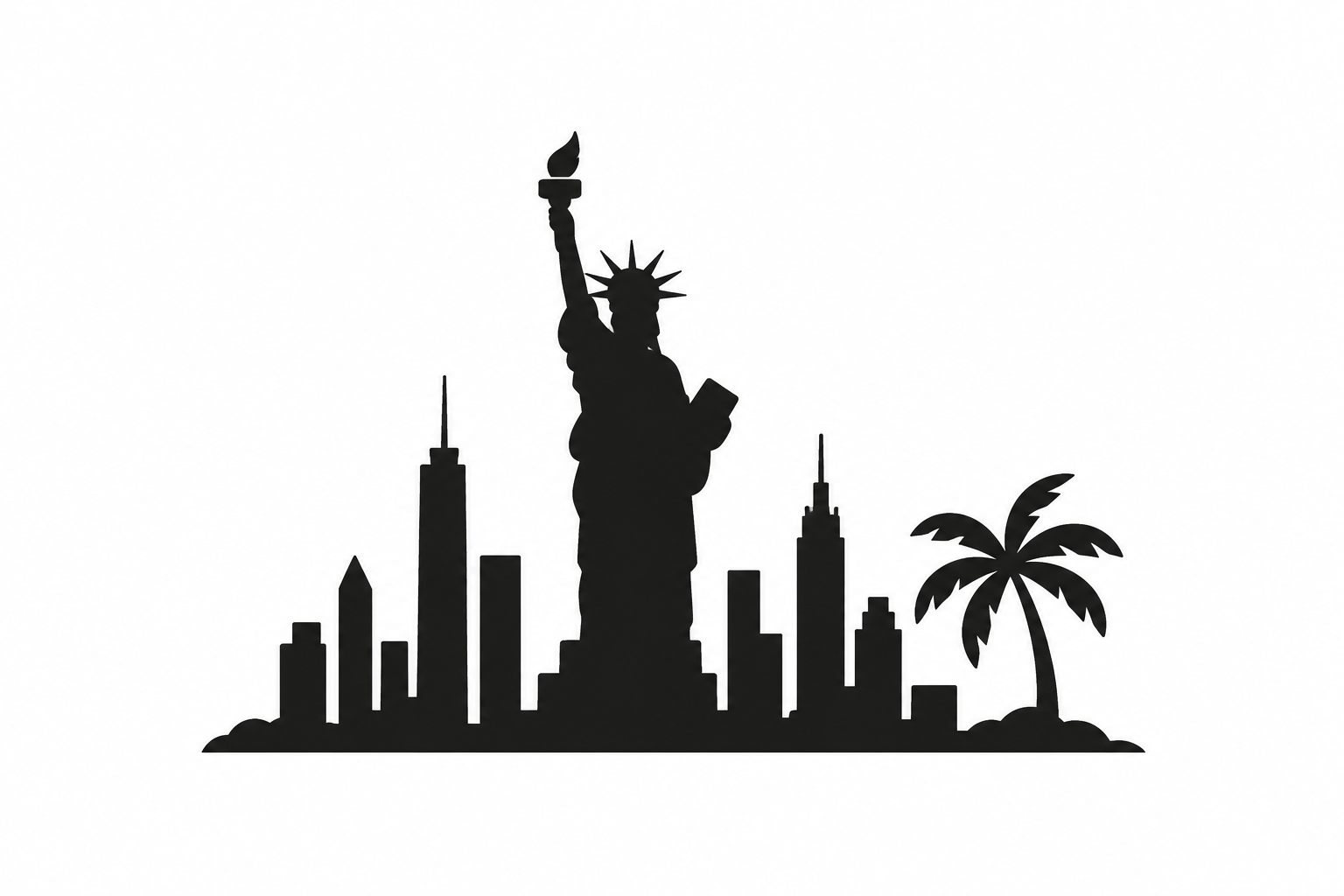 Black silhouette of the Statue of Liberty and skyline representing AromaHoliday Americas destinations